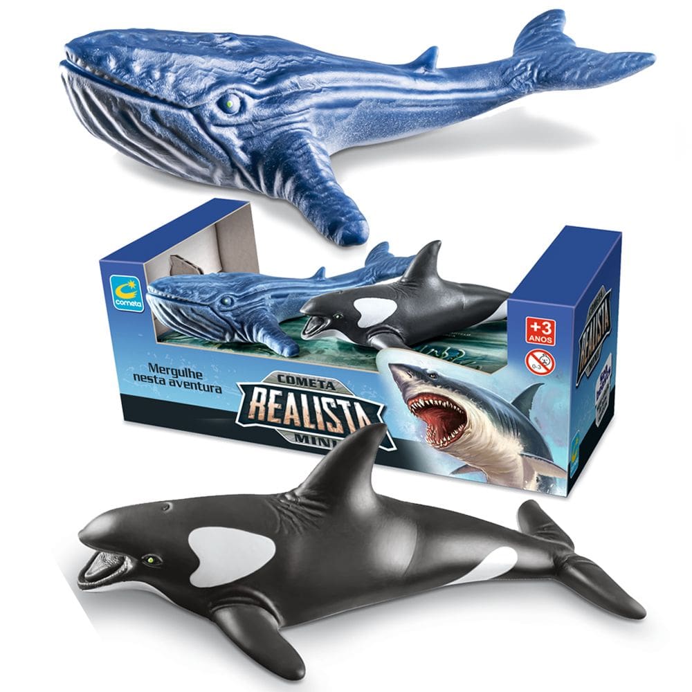 2 Brinquedo Realistas Mini Baleia Orca e Jubarte Vinil 15cm
