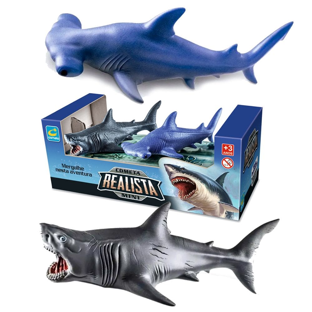 2 Brinquedo Realistas Mini Tubarão e Tubarão Martelo 13cm