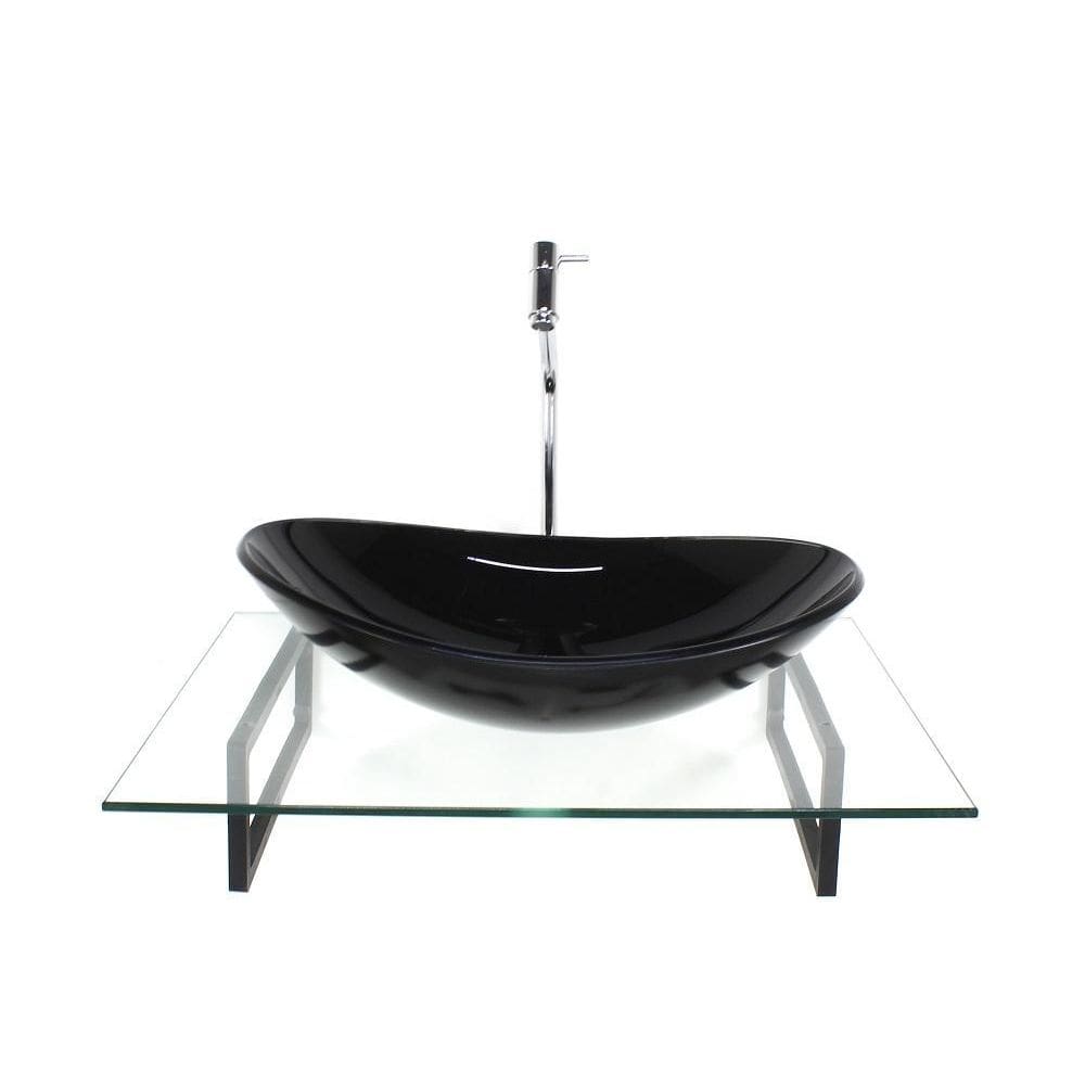 Kit Cuba Vidro Oval Preta Tampo 60Cm Incolor E Suporte Preto
