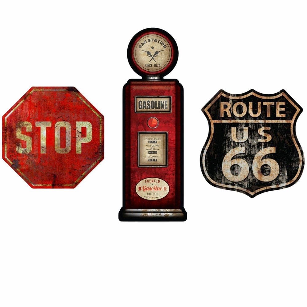 Kit Placas Decoração Stop, Gas Station E Route 66 Trânsito