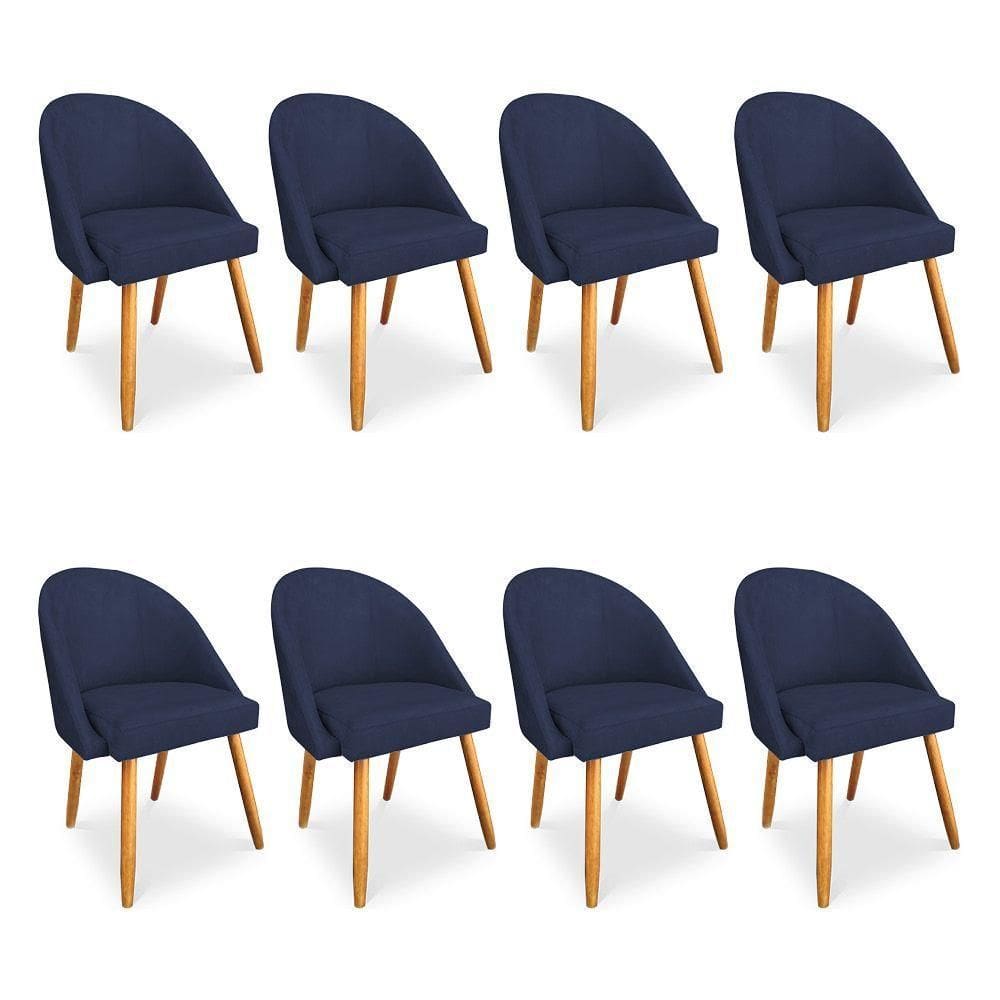 Kit 8 Cadeiras De Jantar Bela Veludo Azul Marinho Pés Palito Castanho - Pallazio