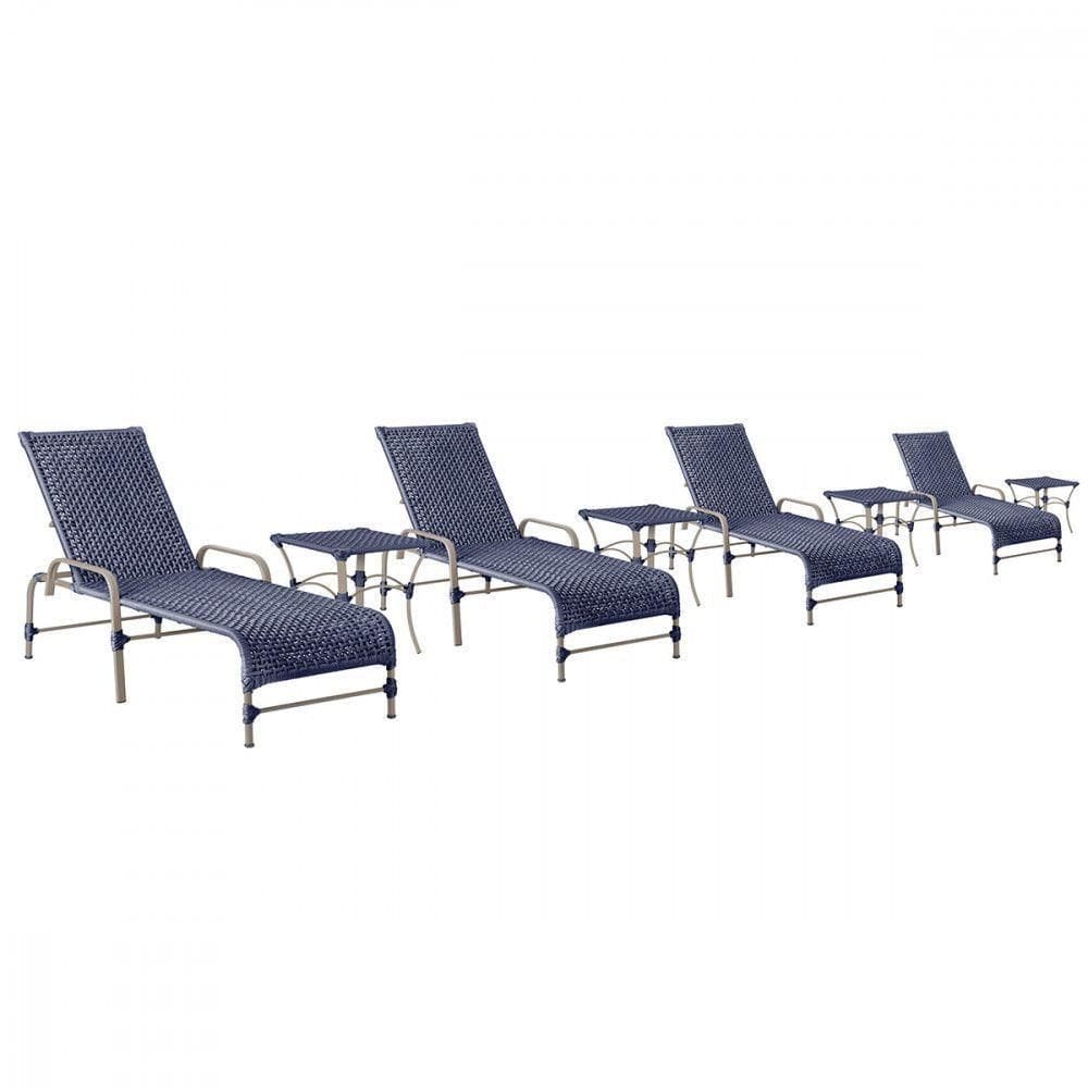 4 Espreguiçadeiras Catar 4 Mesas Garden Corda Náutica Trama Azul