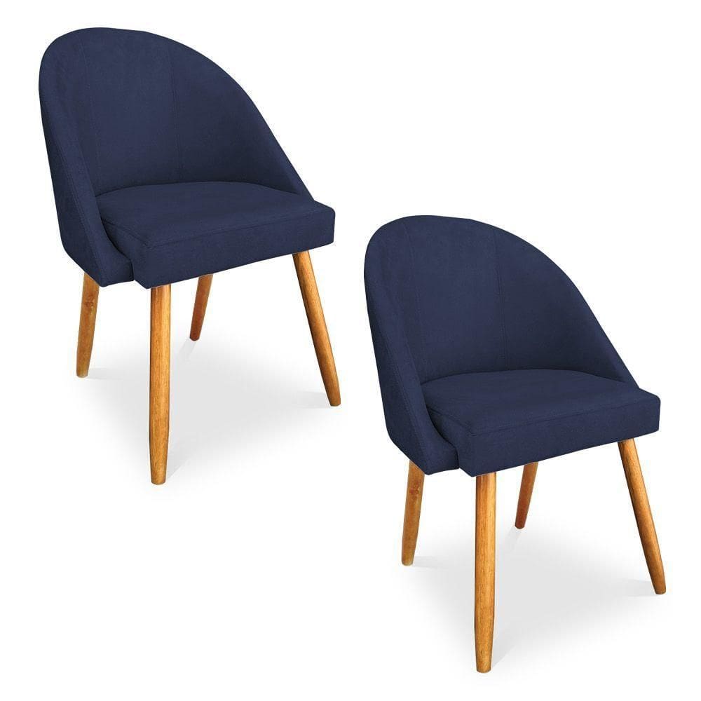 Kit 2 Cadeiras De Jantar Bela Veludo Azul Marinho Pés Palito Castanho - Pallazio