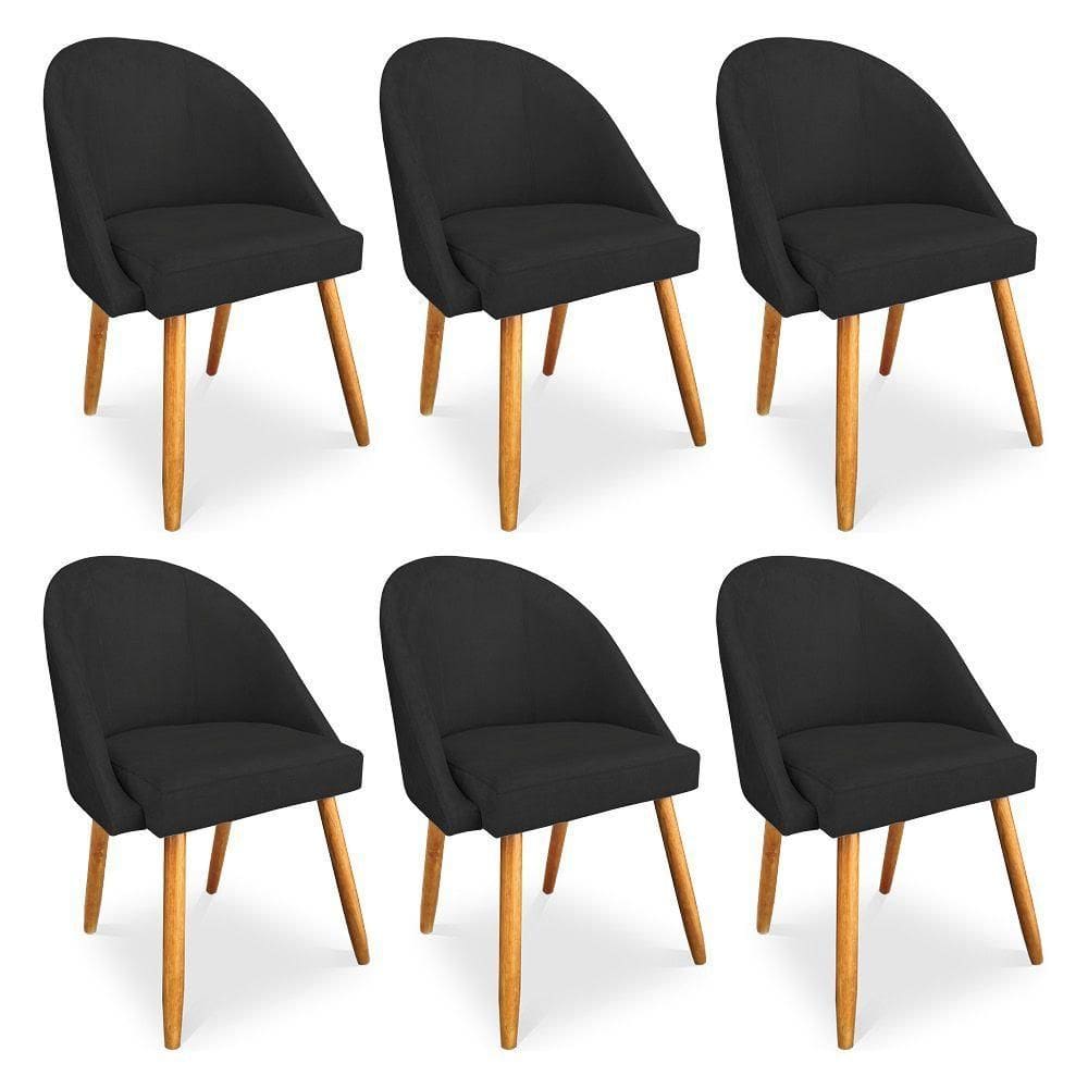 Kit 6 Cadeiras De Jantar Bela Veludo Preto Pés Palito Castanho - Pallazio