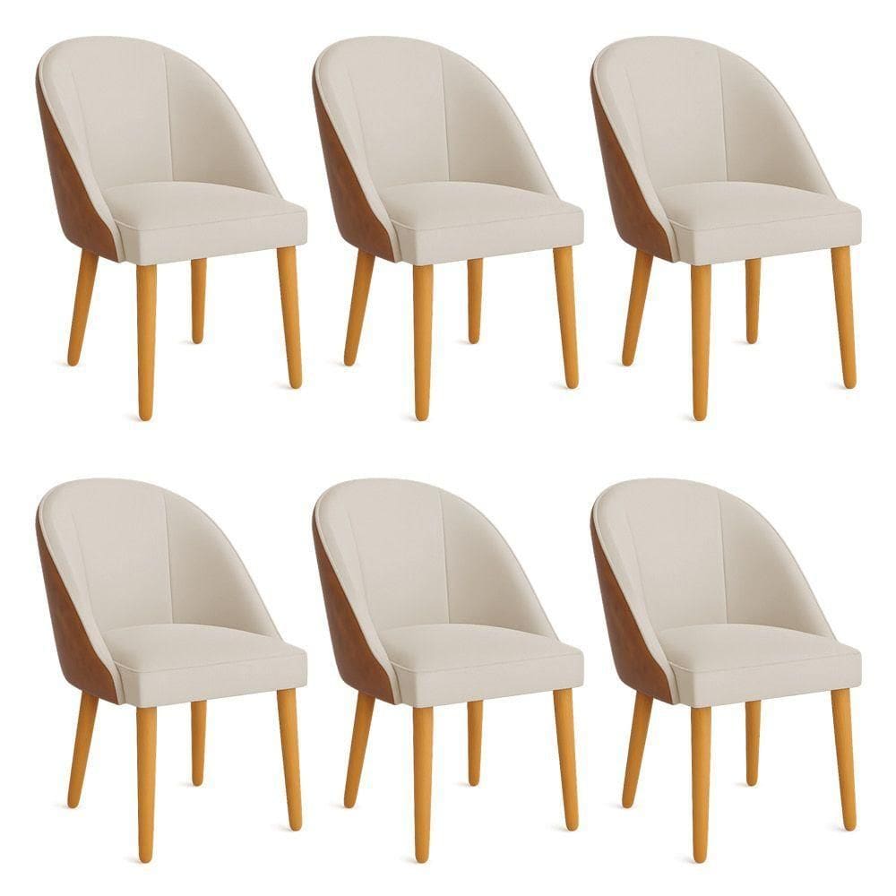 Kit 06 Cadeiras Poltrona De Jantar Bela Corano Nozes E Linho Pés Palito Castanho - Pallazio Cor Bege