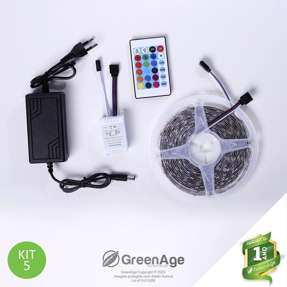 Fita Led 5050 Rgb 12V 5M Ip65 Com Controle + Fonte Kit 5
