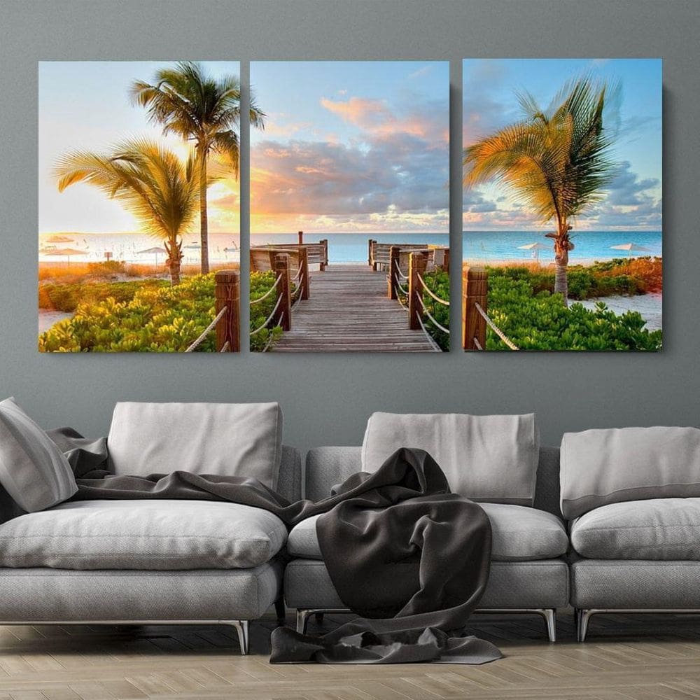 Quadro Decorativo 3 Telas Pier Caminho Para O Mar 120X60Cm