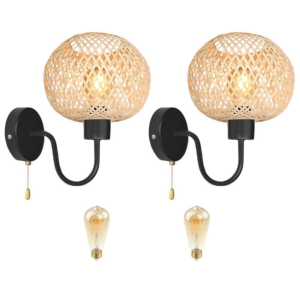 Kit 2 Arandela Bambu Interruptor Cordinha Sala Nat91 + Led