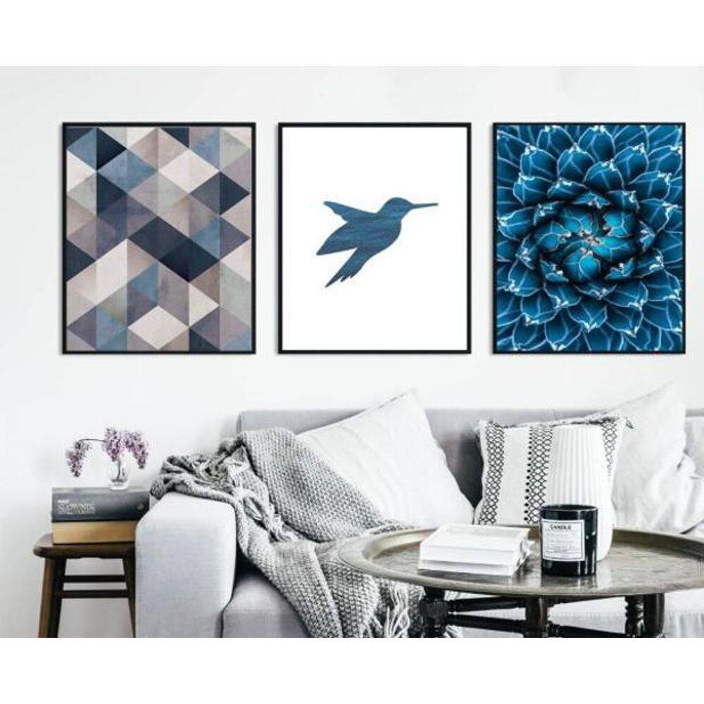 Conjunto Kit 3 Quadros Decorativo Geométrico Azul Beija Flor