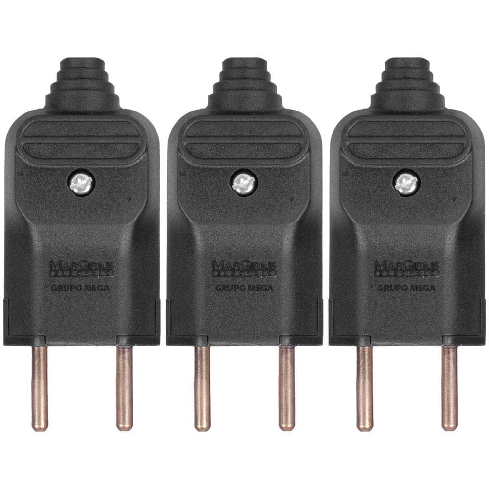 Kit 3 Tomada Plug Macho Prensa Cabo 2 Pinos Finos 10A Preto