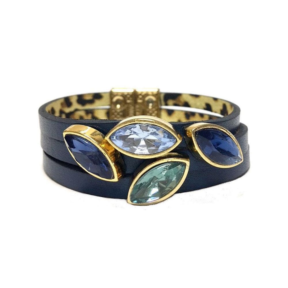 Pulseira Armazem Rr Bijoux Couro Navetes De Cristais Azul