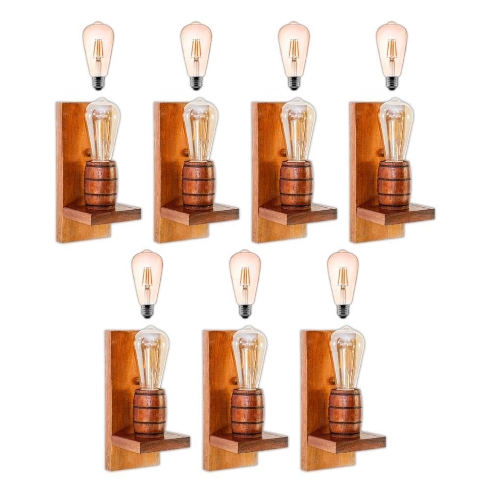 Kit 7 Arandelas Barril Delenha Decor Mogno + Lâmpadas