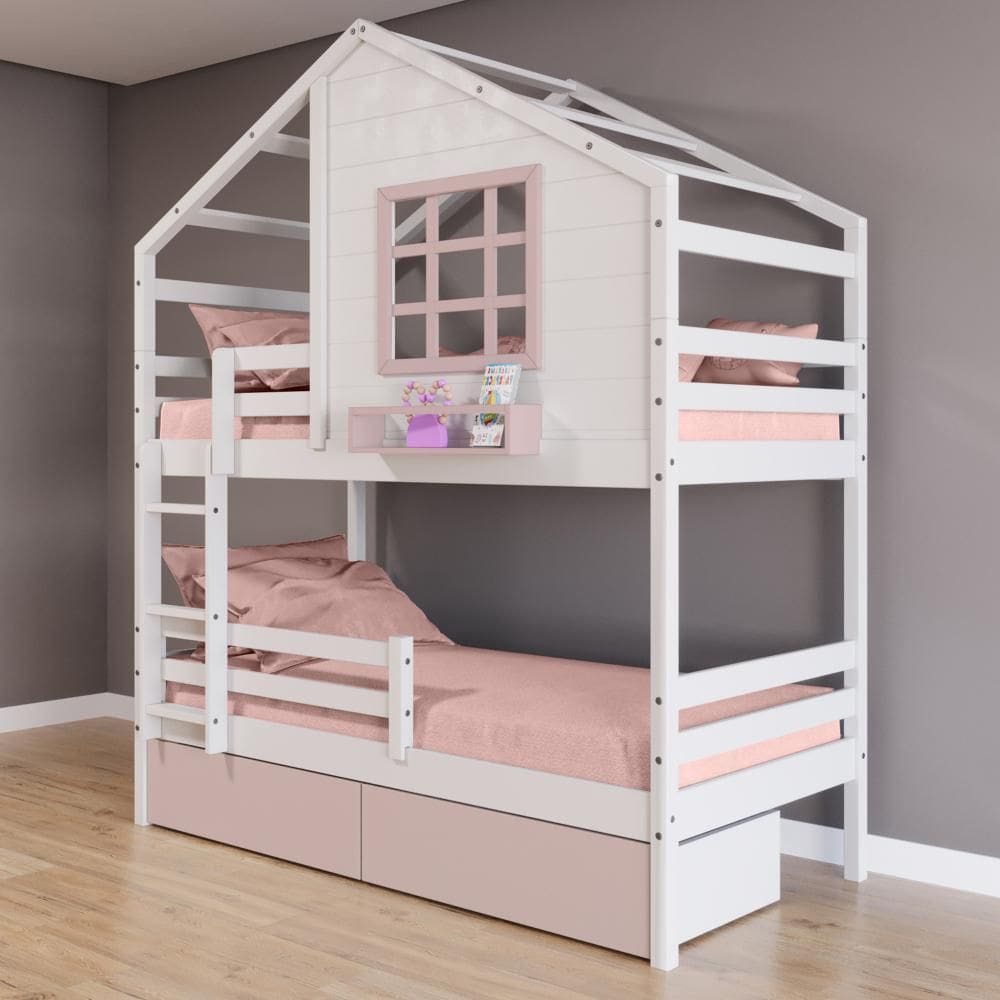 Beliche Casinha com Janela 02 Gavetas Rosa e Grade de Proteção Madeira Maciça Branco/ Rosa Housin