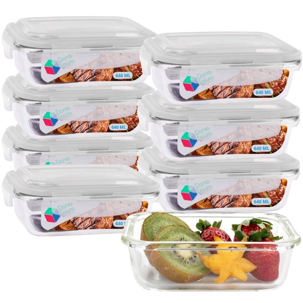 Jogo 8 Potes Marmitas Fitness 640ml Vidro Retangular Tampa Hermetico