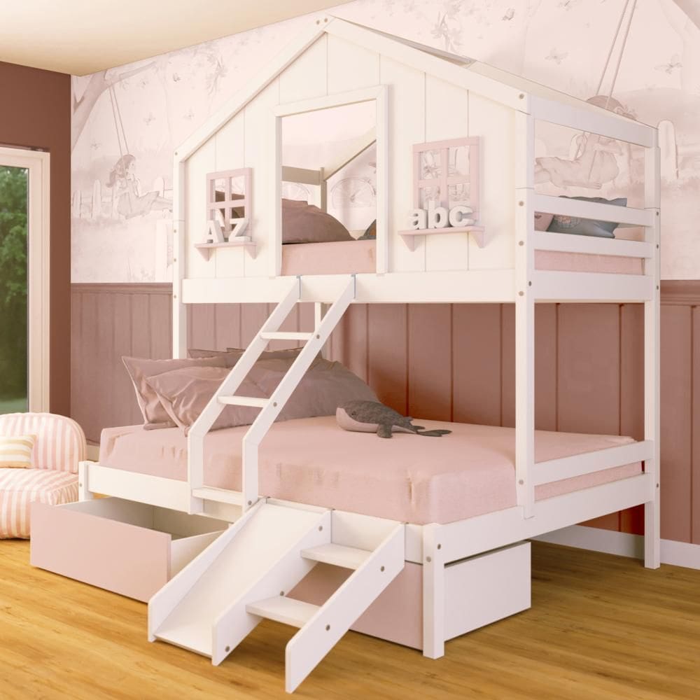Beliche Casal/ Solteiro Casinha dos Sonhos com 02 Gavetas Rosa Kit Escada/ Escorregador Madeira Maciça Branco/ Rosa Megamobilia
