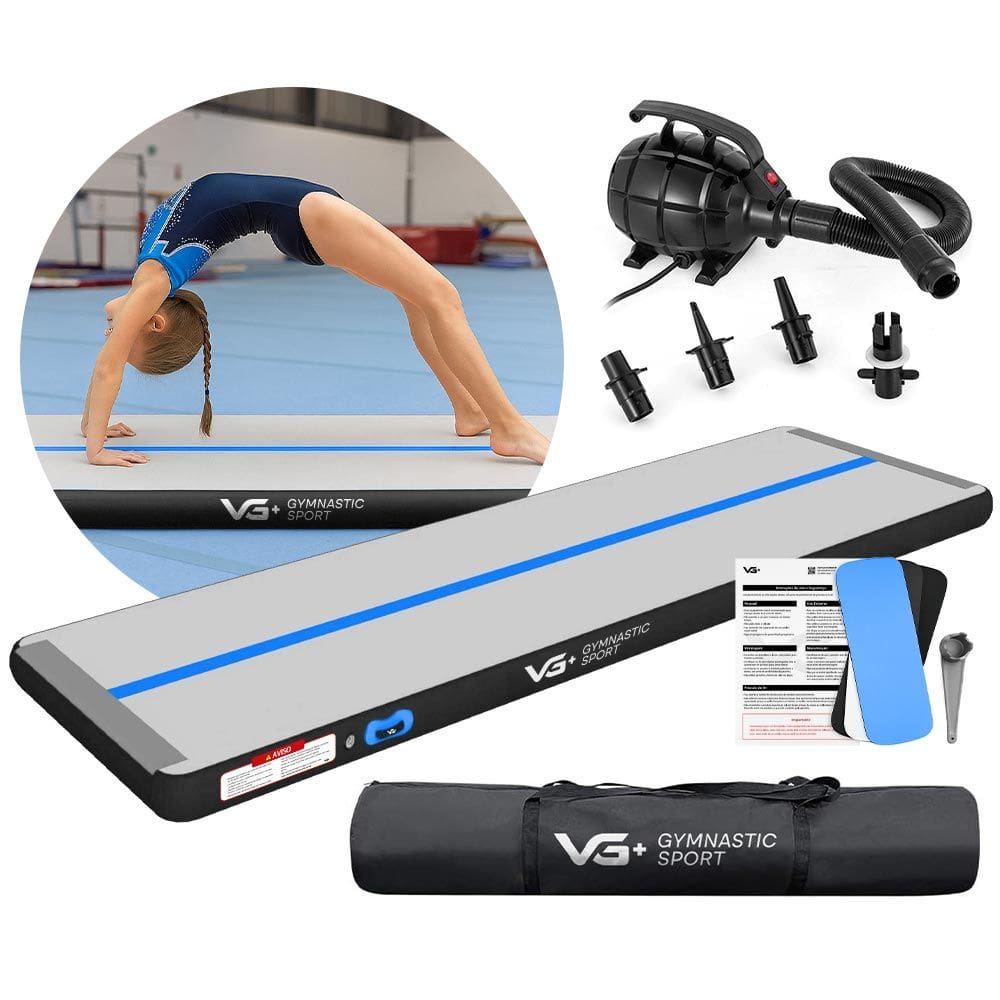 Tapete Colchão Ginástica Inflável 3 Metros com Bomba Elétrica VG Plus Preto e Azul 110v