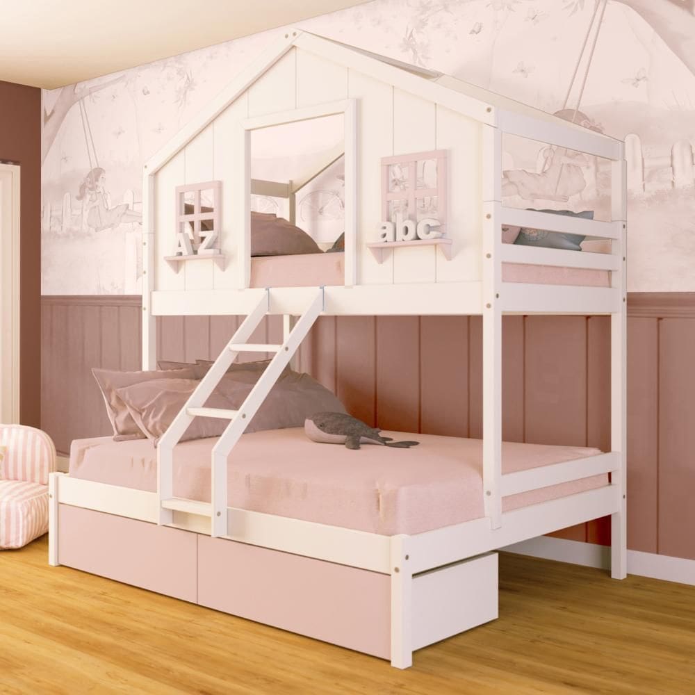 Beliche Casal/ Solteiro Casinha dos Sonhos com 02 Gavetas Madeira Maciça Branco/ Rosa Megamobilia