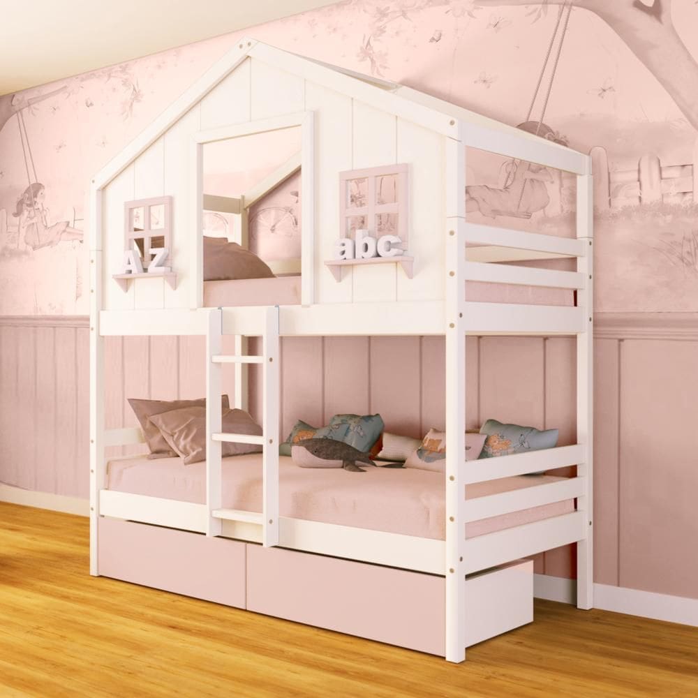 Beliche Casinha dos Sonhos com 02 Gavetas Madeira Maciça Branco/ Rosa Megamobilia
