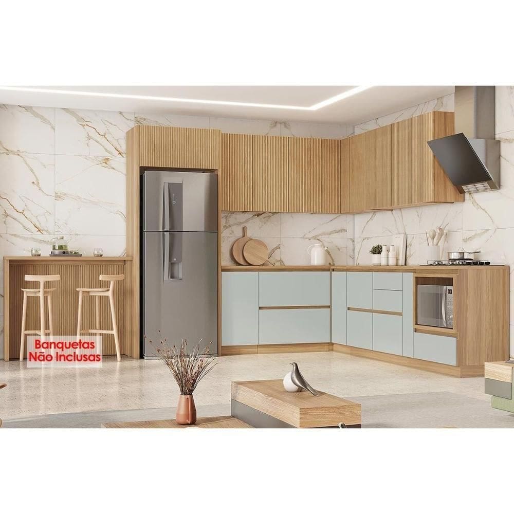 Cozinha Completa Rainha 21 Peças (6 Armários + 6 Balcões + 1 Ilha + 8 Peças) C6p75 Nature-verde - Nesher