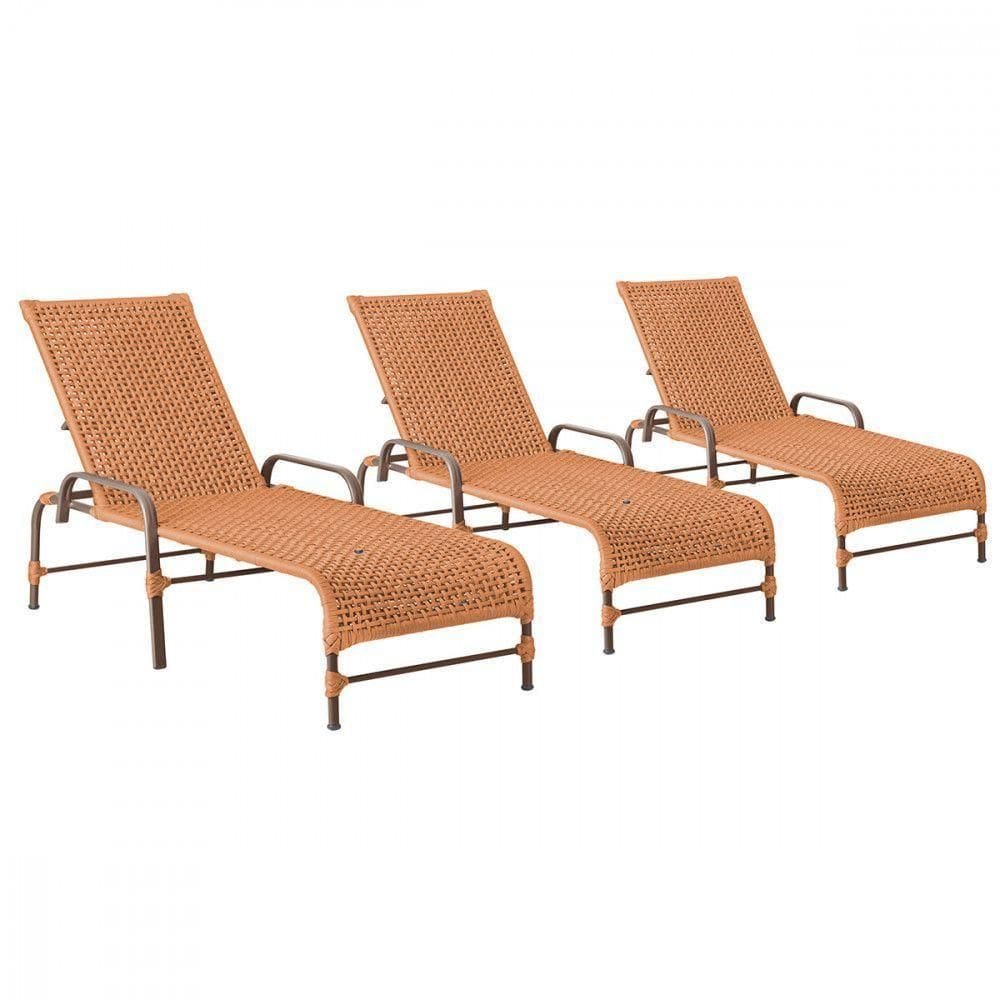 3 Espreguiçadeiras Reclinavel Catar Marrom Corda Nautica Terra Cota