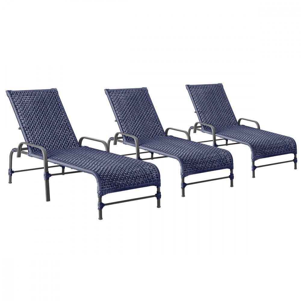 3 Espreguiçadeiras Reclinavel Catar Preto Corda Nautica Azul