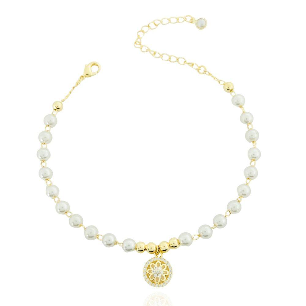 Pulseira Pérolas Com Mandala Cravejada Banhada a Ouro