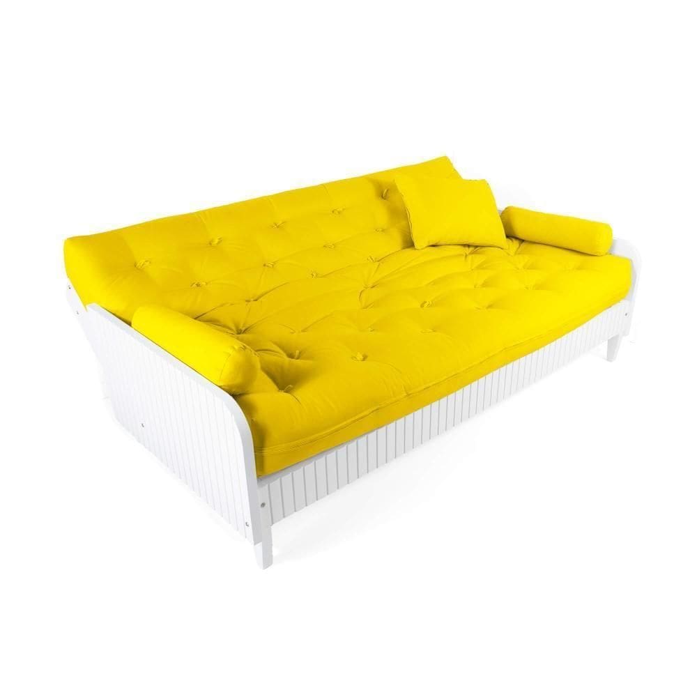Sofá Cama Paris Ripado Branco Sarja Amarelo Madeira Nobre