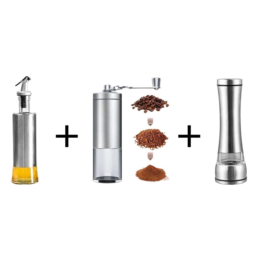 Azeiteiro + Moedor De Café Manual + Moedor Pimenta Sal Inox