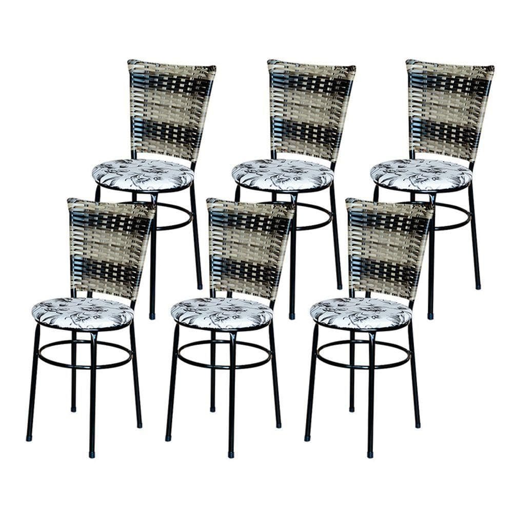 6 Cadeiras Para Cozinha Preta Hawai Cappuccino Premium Assento Floral Branco