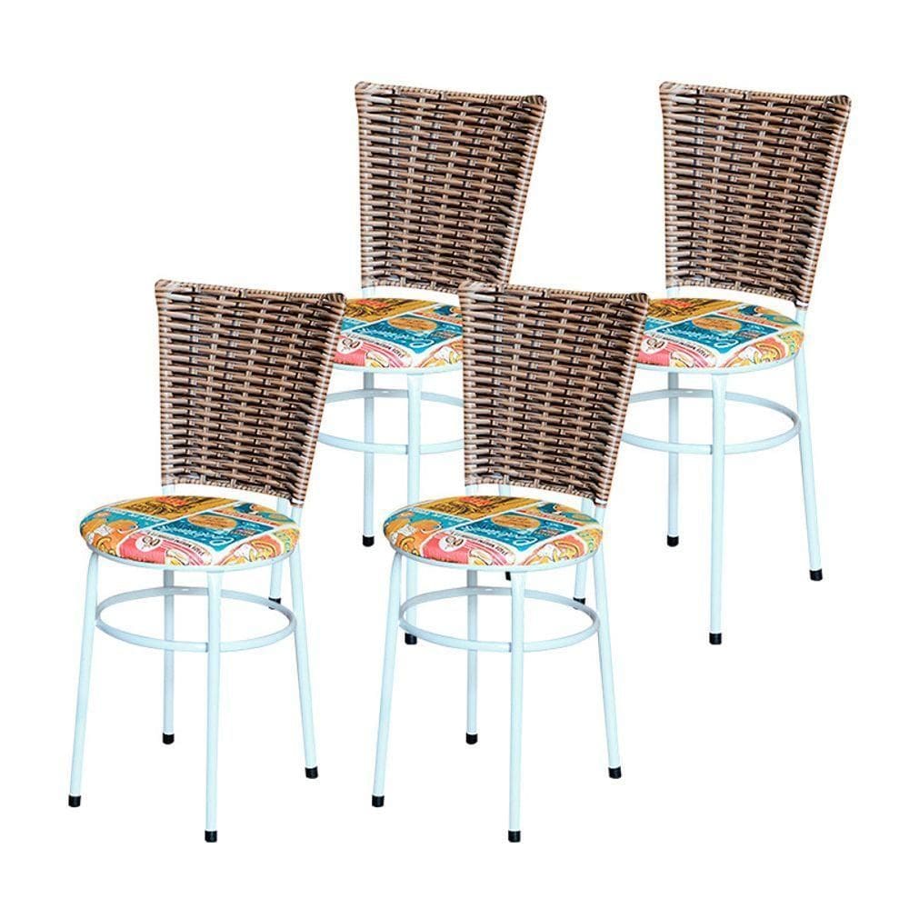4 Cadeiras Branca Para Mesa Hawai Avelã Assento Floral Happy Hour