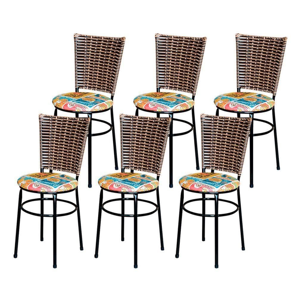 6 Cadeiras Para Mesa Preta Hawai Avelã Assento Floral Happy Hour