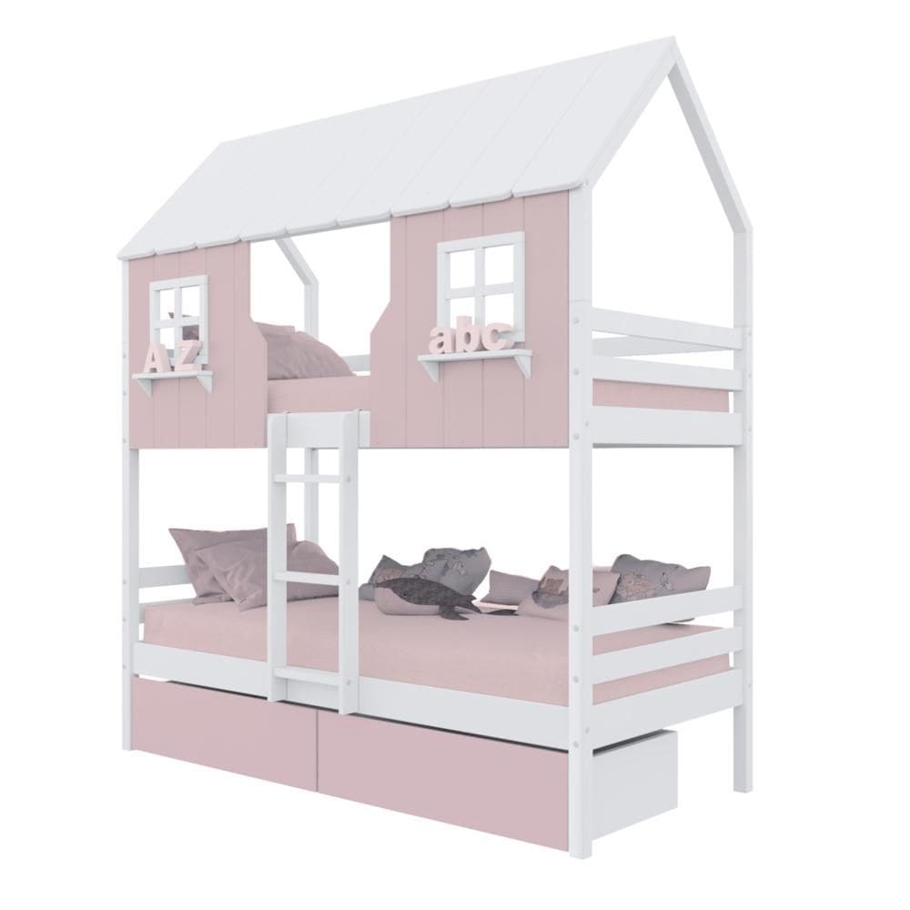Beliche Casinha Encantada com 02 Gavetas Madeira Maciça Rosa/ Branco Megamobilia