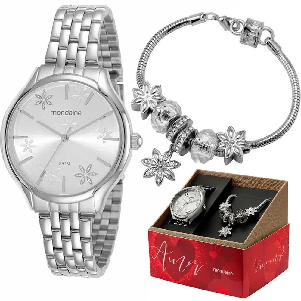 Kit Relógio Feminino Mondaine Glitter Prata Com Pulseira
