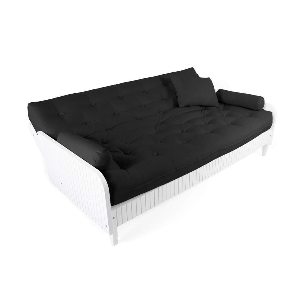 Sofá Cama Paris Ripado Branco Sarja Preto Madeira Nobre