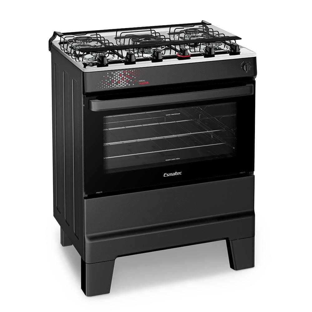 Fogão a Gás Mesa Inox Tripla Chama Tampa de Vidro Timer Forno 84L Limpa Fácil e Acendimento Automático IDEAL Master T5ITP Cor Preto 5 bocas Bivolt