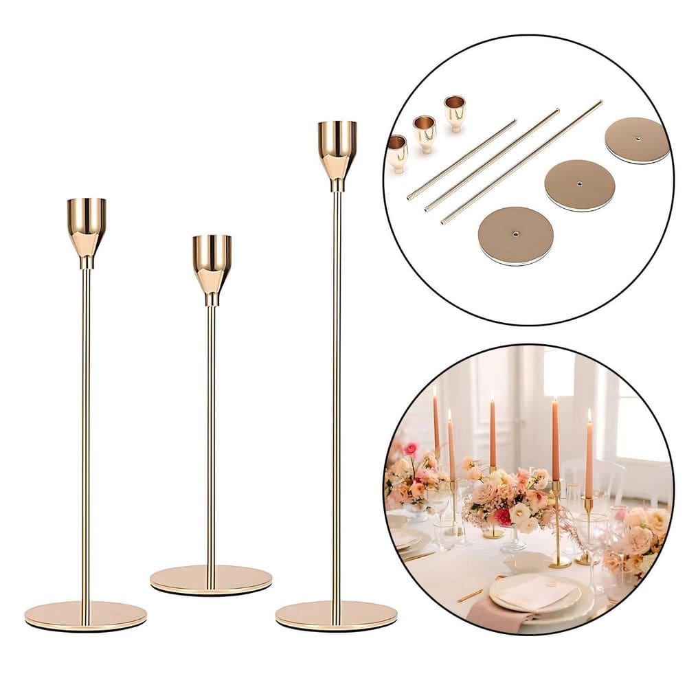 Conjunto Castiçal De Ferro Com Acabamento Champagne 3 Pç