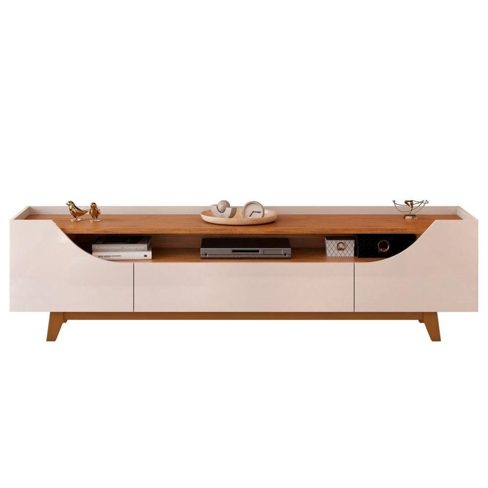 Rack Para Sala Bancada De Tv 75 Pol 219cm Pés Madeira Giulia D04 Off White-freijó