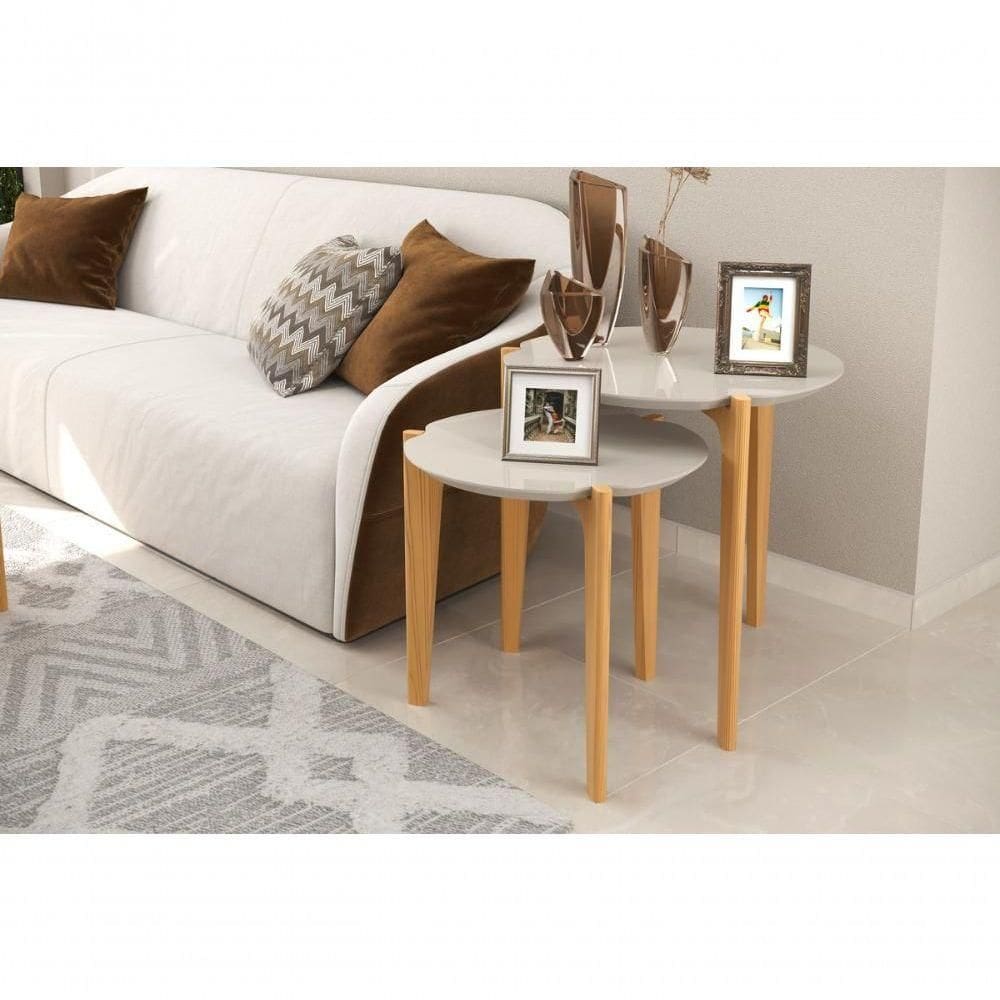 Conj. Mesas Laterais Florida 60cm + 50cm - Off White Perolizado-freijo