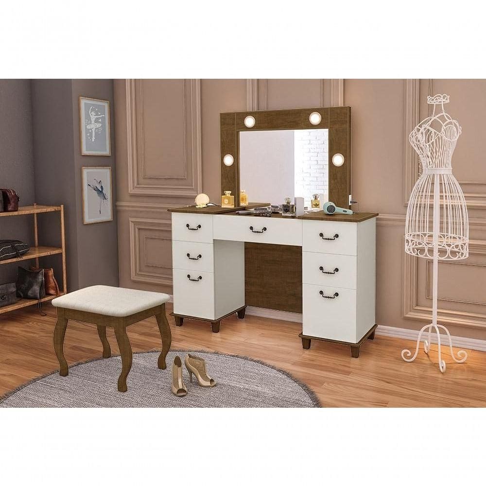 Penteadeira Camarim Com Espelho E Led Com Gaveta E Banqueta Seul Malbec - Off White - Luapa