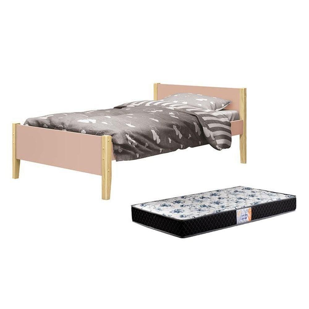 Cama Solteiro Simba Rosa Fosco Com Pés Madeira Natural E Colchão D33 - Reller Móveis Rosa Fosco