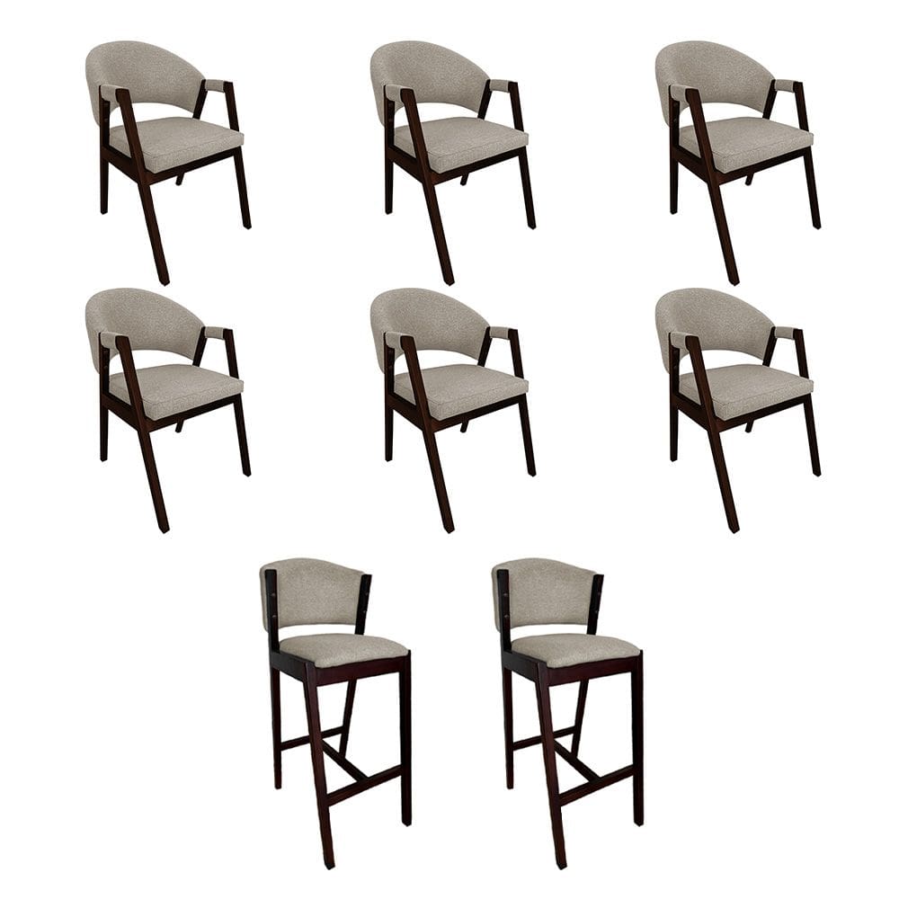 Kit 6 Cadeiras de Jantar Helen com 2 Banquetas Ana Madeira Maciça Castanho Premium Linho Bege