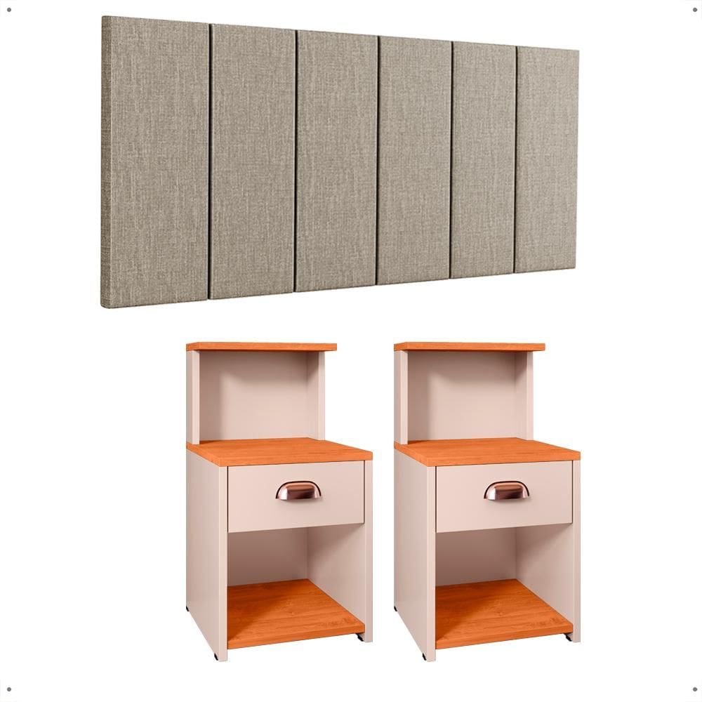 Kit 2 Mesinhas Gaveta Prateleira Suspensa Cléo Off/Cinamomo Cabeceira Estofada Júlia Linho Cama Casal Queen 1,60 Bege Quarto - RPM