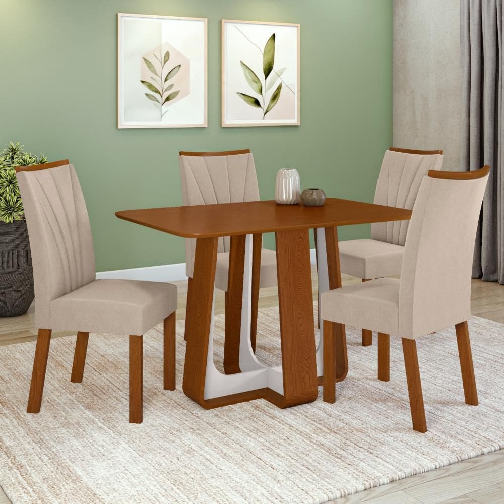 Conjunto Sala de Jantar Mesa Easy Pop 120x80cm Tampo MDF com 4 Cadeiras Confort Veludo Naturale Creme Frassino/Off White