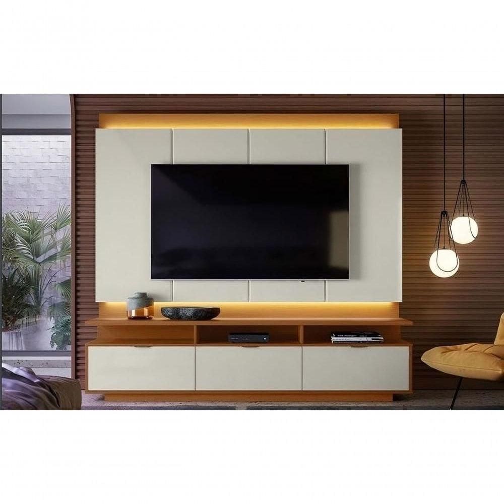 Conj. Bancada Casablanca Com Painel P/ Tvs Até 75" 3 Portas - Jequitiba/off White Perolizado