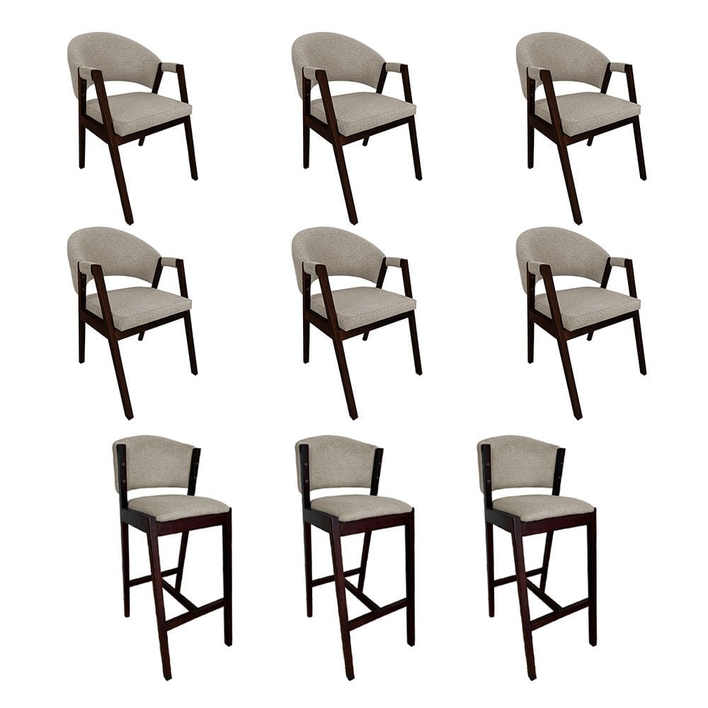 Kit 6 Cadeiras de Jantar Helen com 3 Banquetas Ana Madeira Maciça Castanho Premium Linho Bege
