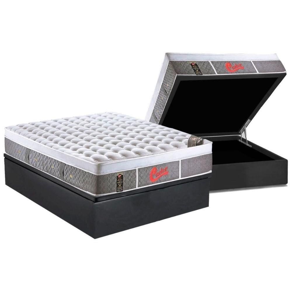 Cama Box Baú Casal: Colchão Molas Ensacadas Castor Plush Visco+Base Gray(138X188)