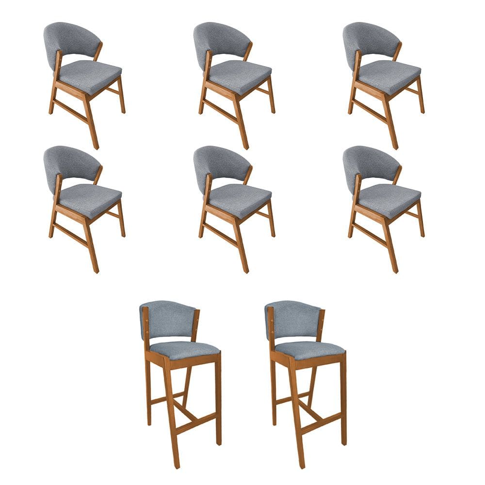 Kit 6 Cadeiras de Jantar Debora Madeira Maciça com 2 Banquetas Ana Cerejeira Premium Linho Cinza