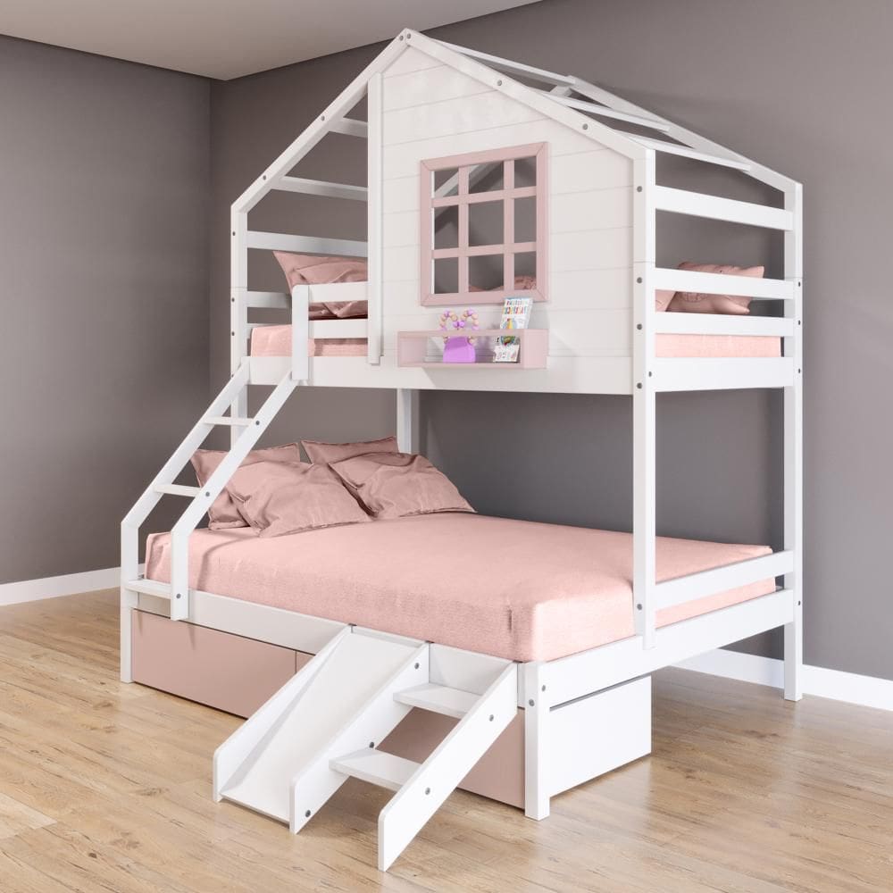 Beliche Casinha com Janela Casal/Solteiro 02 Gavetas Rosa e Kit Escada/Escorregador Madeira Maciça Branco/ Rosa Housin