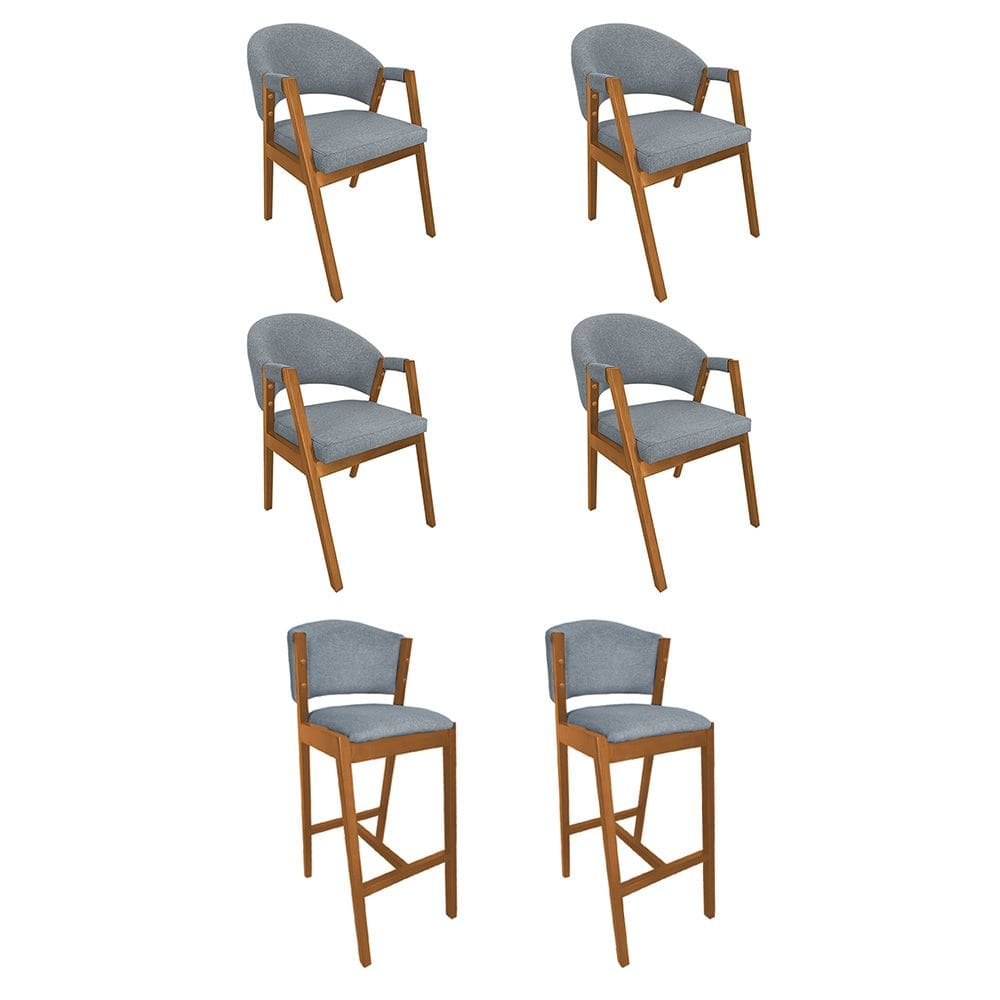 Kit 4 Cadeiras de Jantar Helen Madeira Maciça com 2 Banquetas Ana Cerejeira Premium Linho Cinza