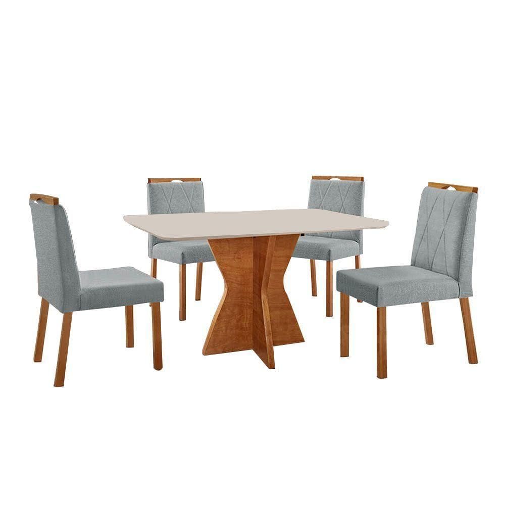 Conjunto Sala De Jantar Mesa Madri 120x80cm Tampo Retângular Vidro Off White Com 4 Cadeiras Bela Linho Cinza